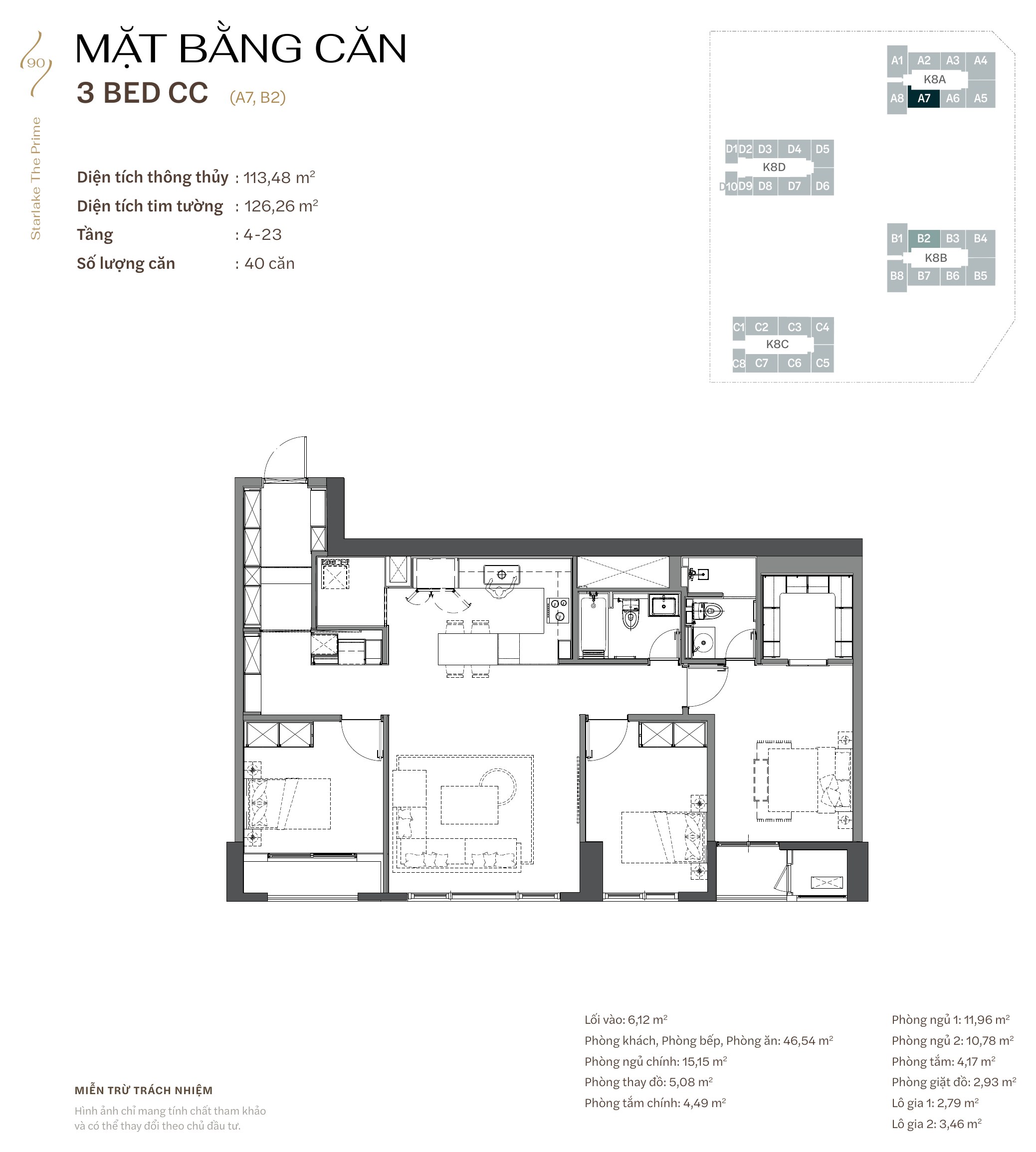 Mặt bằng căn hộ 3 phòng ngủ · 3B CC — Starlake The Prime K8CT1