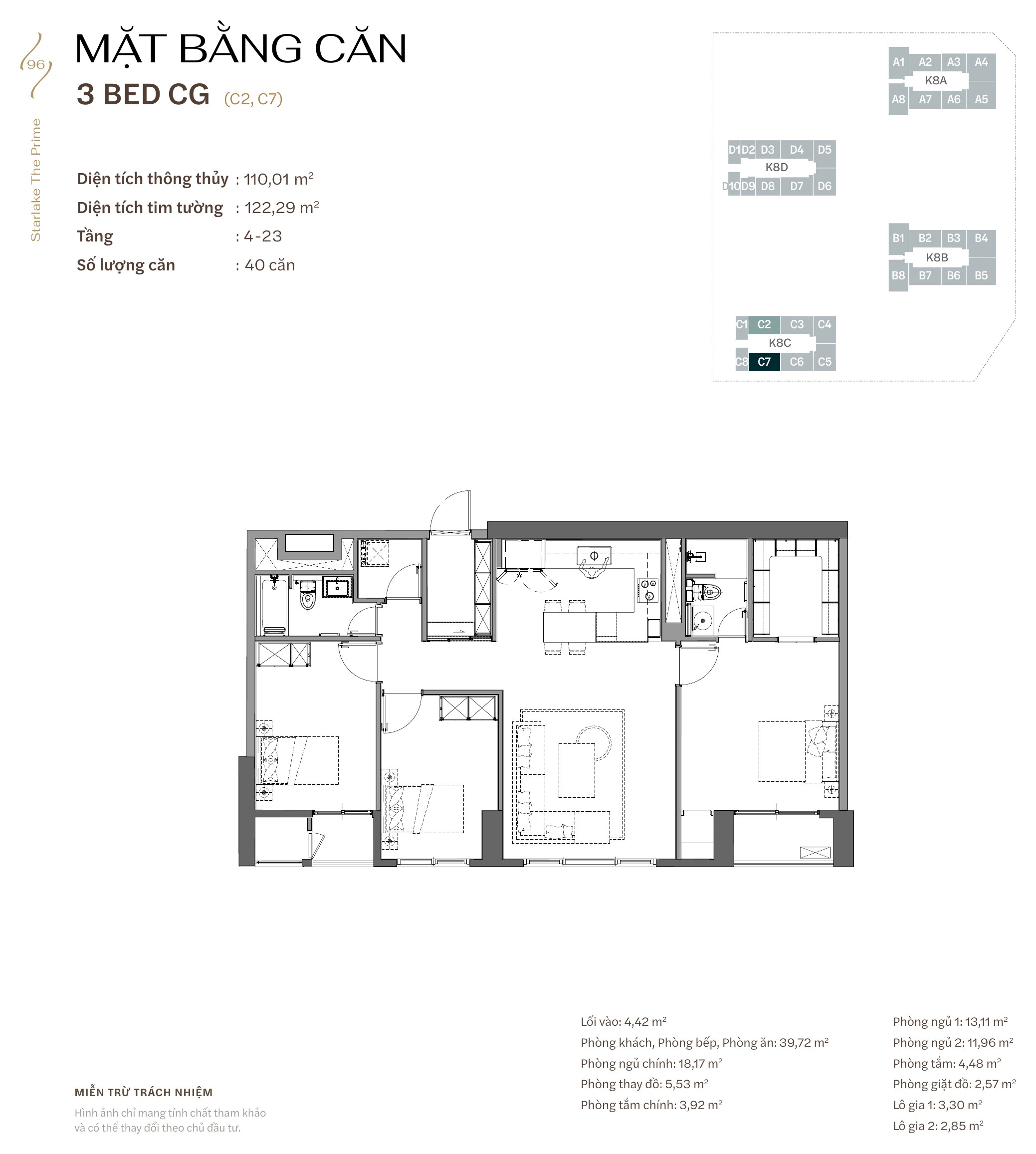 Mặt bằng căn hộ 3 phòng ngủ · 3B CG — Starlake The Prime K8CT1