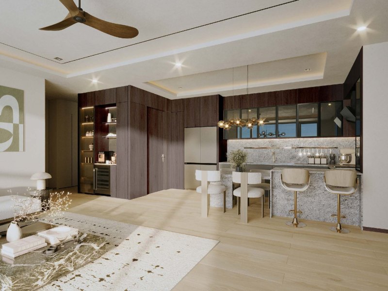 Phòng khách và bếp – căn hộ 3 phòng ngủ · 3B CG – Starlake The Prime K8CT1, Tây Hồ Tây